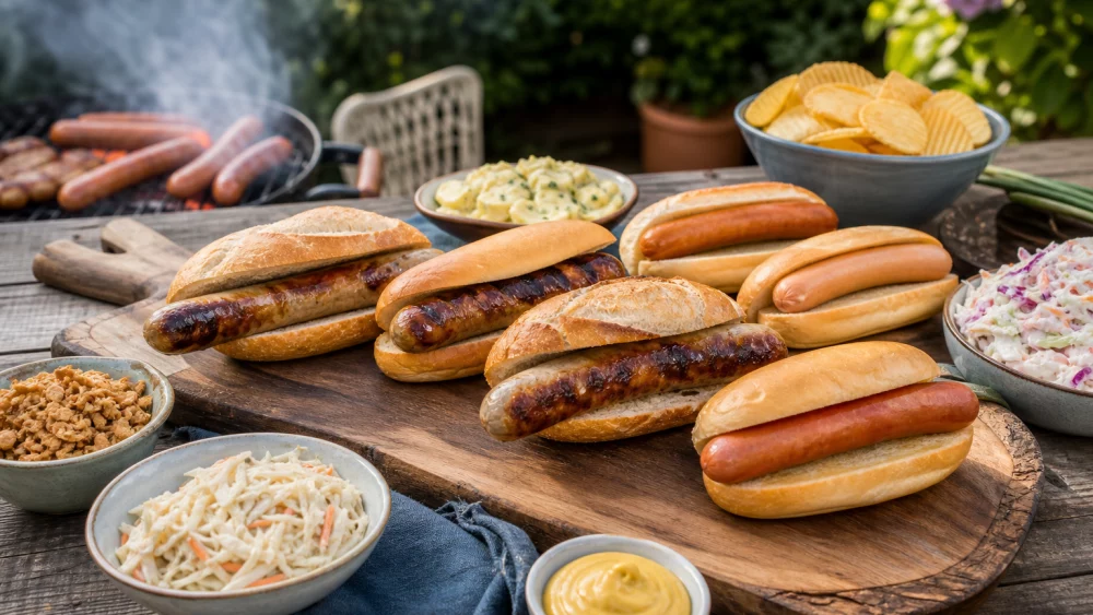 German bratwurst, smoked hotdogs and frankfurters served with simple BBQ toppings and sides on a weekend table.