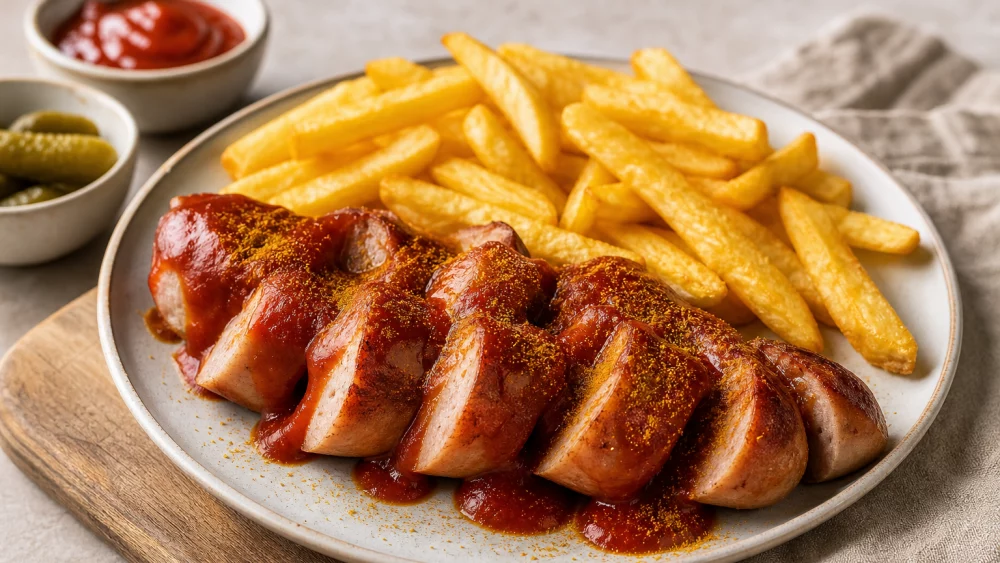 Sliced bratwurst currywurst with curry sauce, chips and pickles on a simple table.