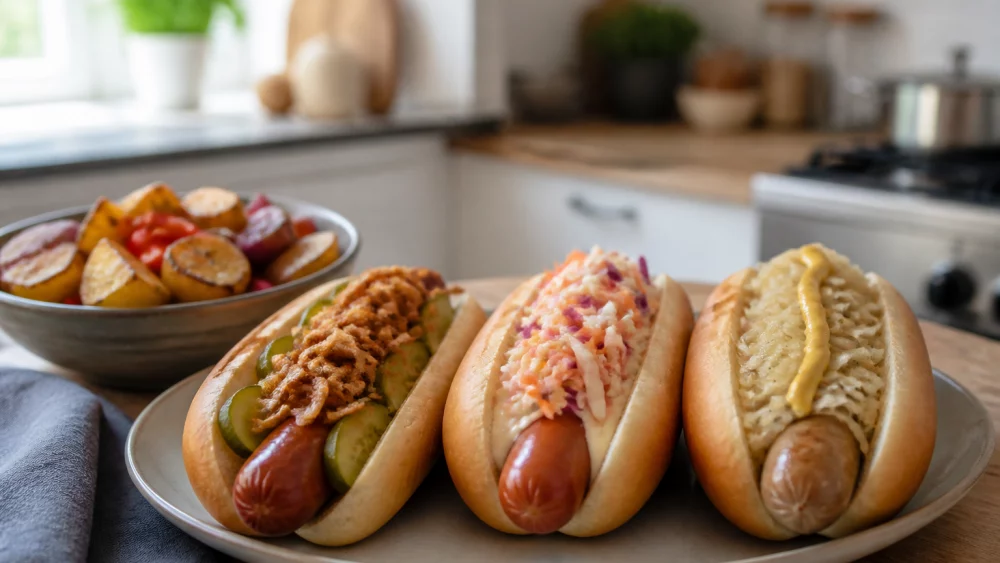 Loaded German sausage hotdogs with sauerkraut, onions, pickles and quick dinner sides on a kitchen table.