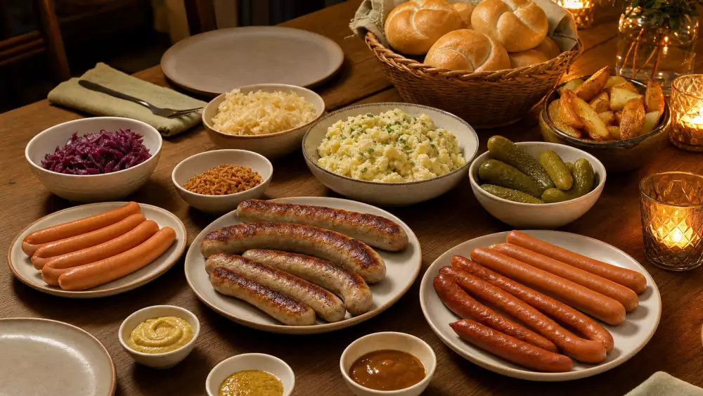 A simple German sausage night spread with bratwurst, frankfurters, smoked hotdogs, sides and toppings on a dining table.