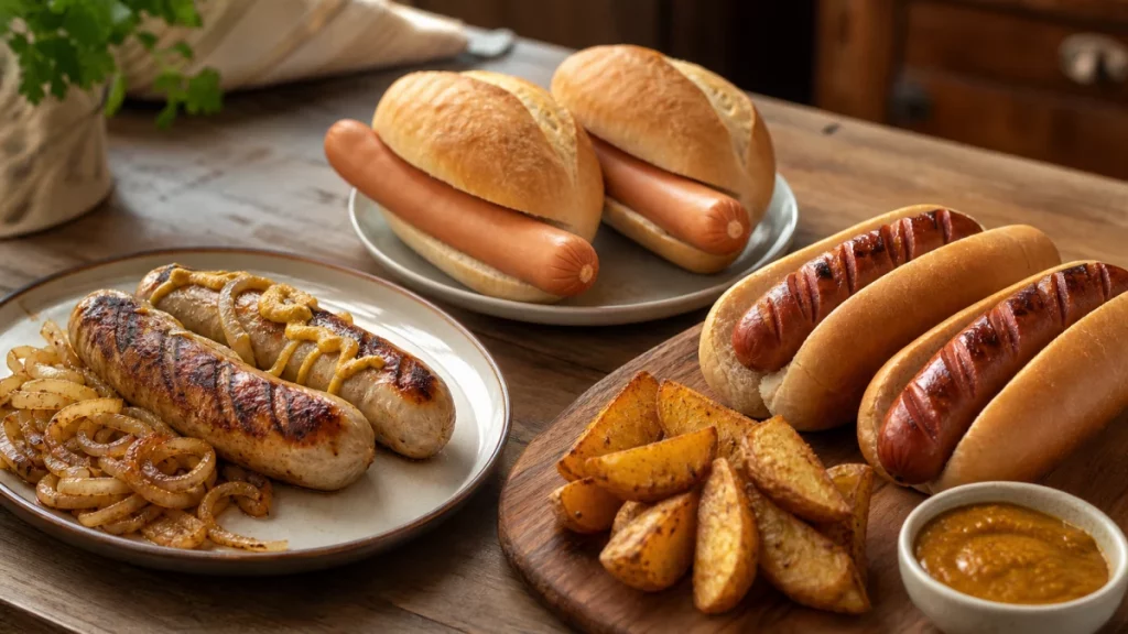 Assorted German sausages including bratwurst, frankfurters and smoky hotdogs served with mustard, onions, potatoes and curry sauce.