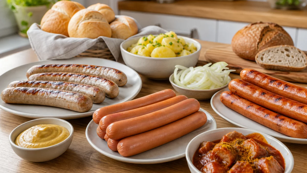 A realistic spread of bratwurst, frankfurters and smoky hotdog sausages with mustard, rolls, potatoes and curry sauce on a kitchen table.