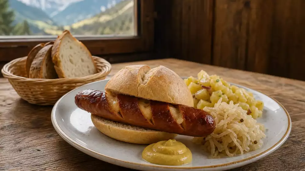Käsekrainer served simply in a roll with mustard, sauerkraut, and potato salad, showing the traditional Austrian way to enjoy it.