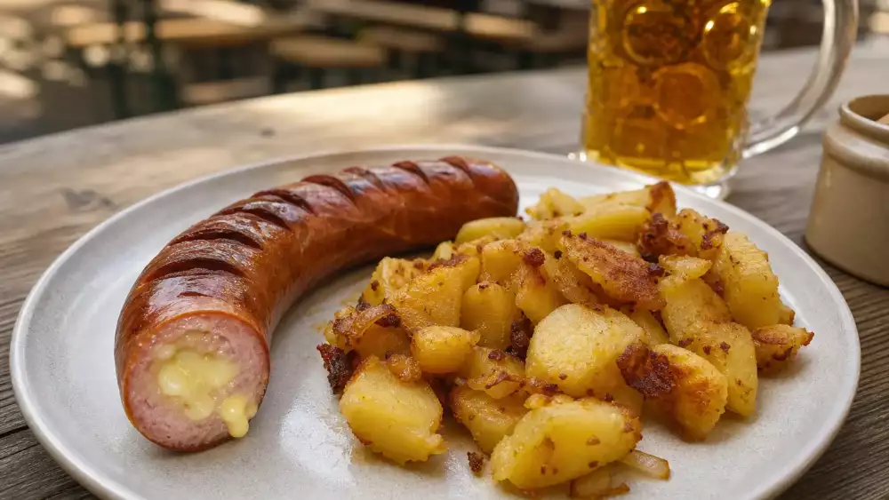 Käsekrainer sausage split open to reveal melted Emmental, served simply with sauerkraut and potatoes.