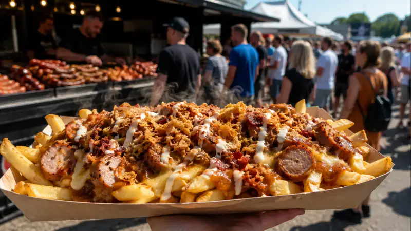 Loaded chips topped with sliced German sausage, sauce, crispy onions and cheese at a busy UK food festival, showing how chips can turn German hot dogs into a full event-food meal.