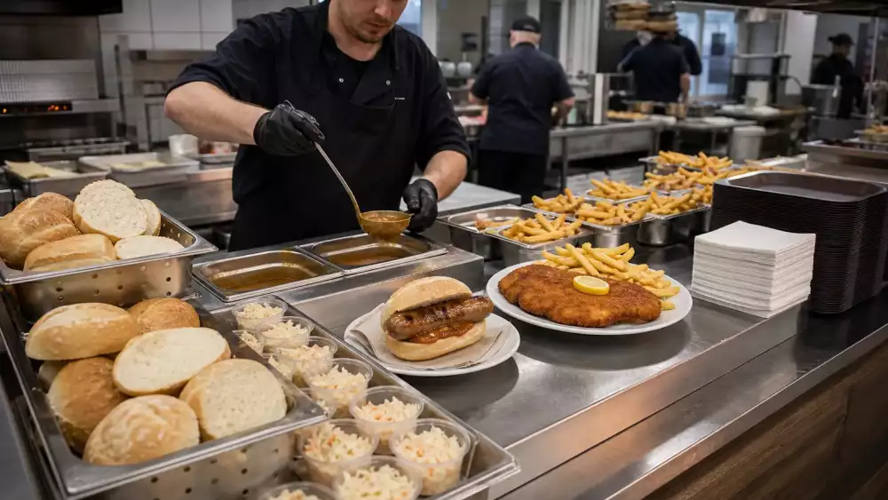 Catering staff pre-portion sauces, rolls, slaw, fries, and trays to speed sausage and schnitzel service without shrinking the main dish.