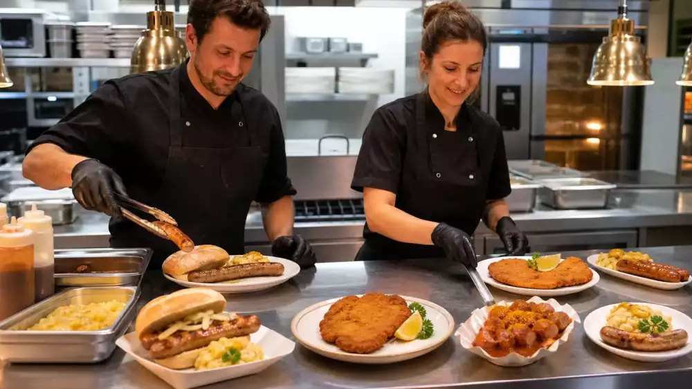 Catering staff plating simplified German sausage and schnitzel orders with standardized portions and minimal garnish during a busy rush.