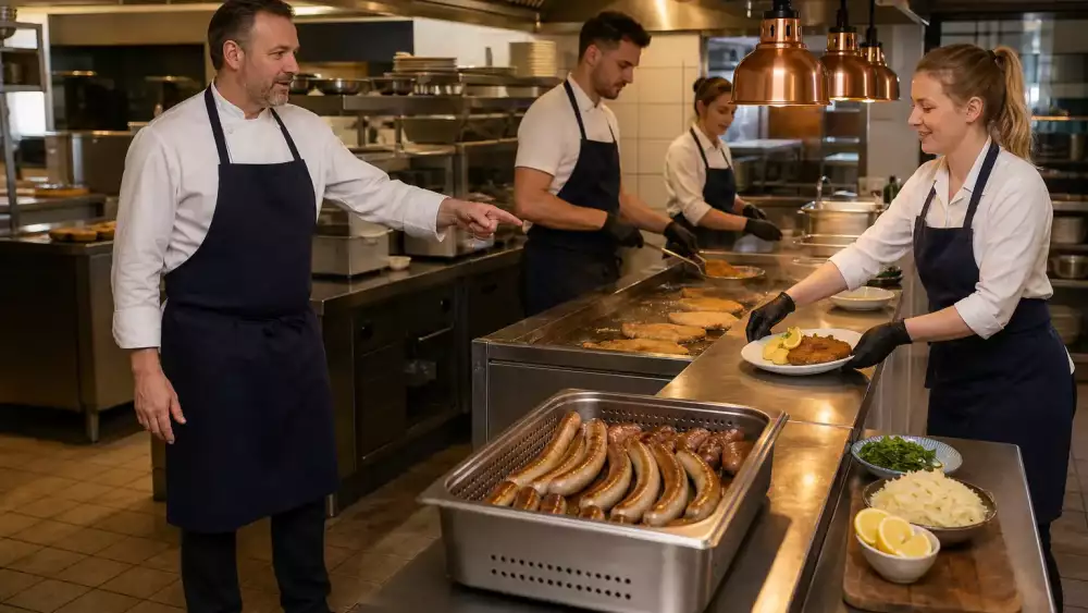 Kitchen lead triages a delayed sausage and schnitzel service by prioritizing ready items and simplifying the next orders.
