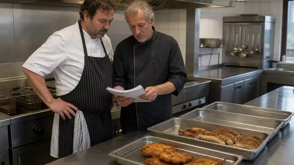 Chef and supervisor review the rush after service beside cooled sausages and schnitzel to identify bottlenecks before the next shift.