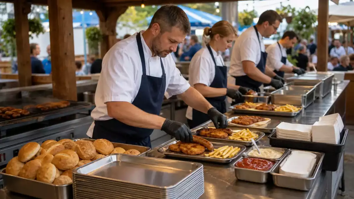 A cook plates sausages and schnitzel beside pre-portioned sides and trays, showing a controlled way to recover service during a rush.