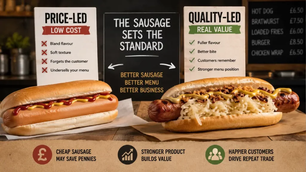Premium German-style hot dog compared with a basic price-led hot dog in a foodservice setting
