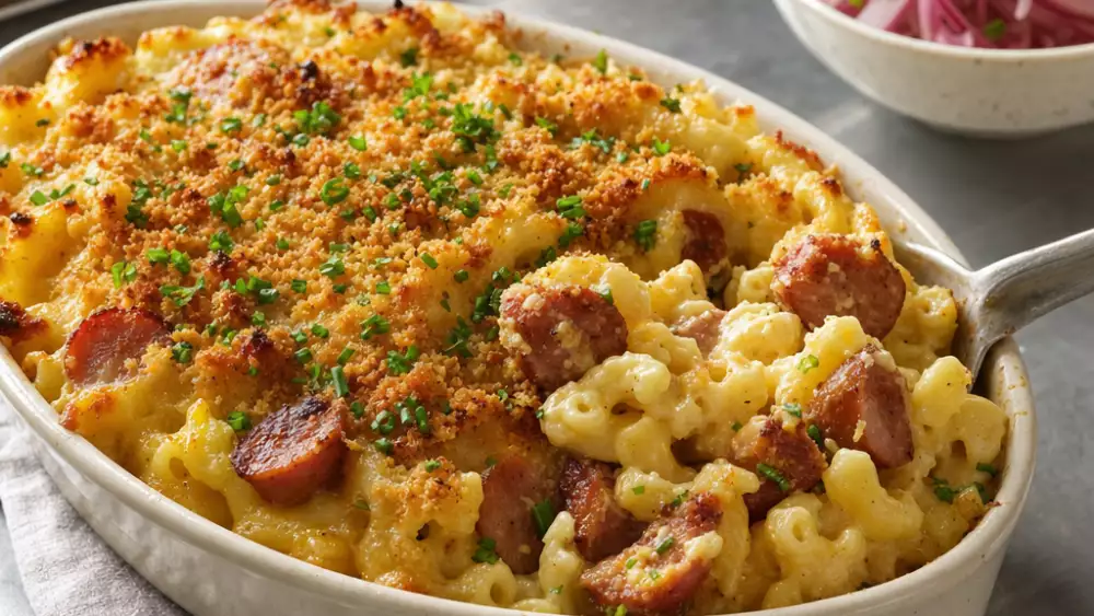Creamy sausage mac and cheese bake with bacon frankfurter slices, golden crumb topping, herbs and a small fresh side.