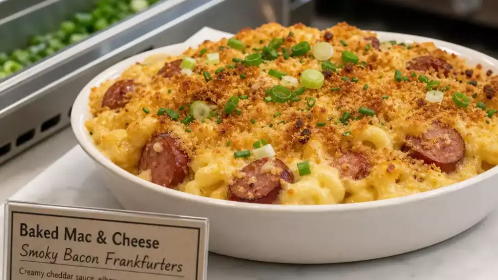 A neat baked mac and cheese portion with bacon frankfurters, a crisp topping, and simple fresh garnish on a clean service counter.