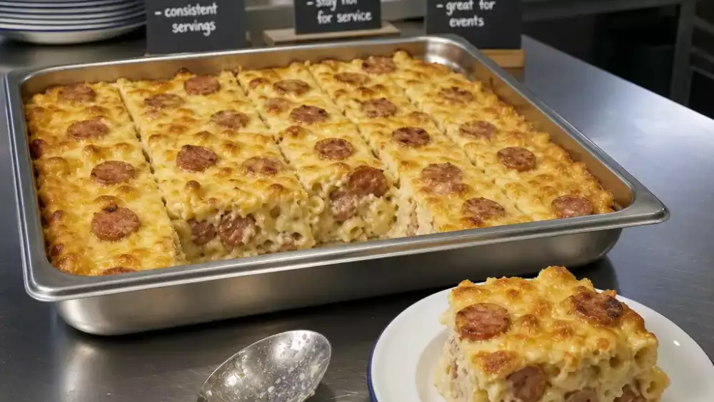 Tray-baked sausage mac and cheese is portioned into neat squares for easy holding and quick service.