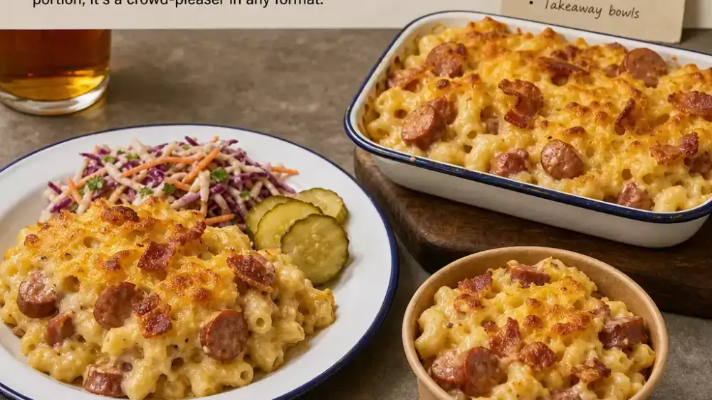 A pub-style tray bake served as a main, an individual portion, and a small bowl, showing flexible serving formats for the dish.