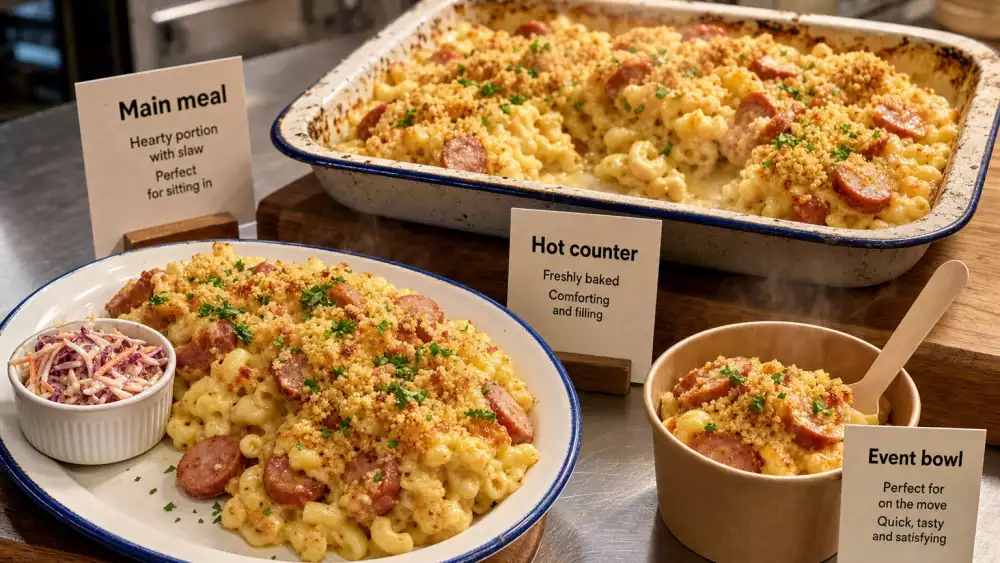 Angled counter view of sausage mac and cheese bake portioned as a pub plate, hot counter tray and small event bowl with simple labels.
