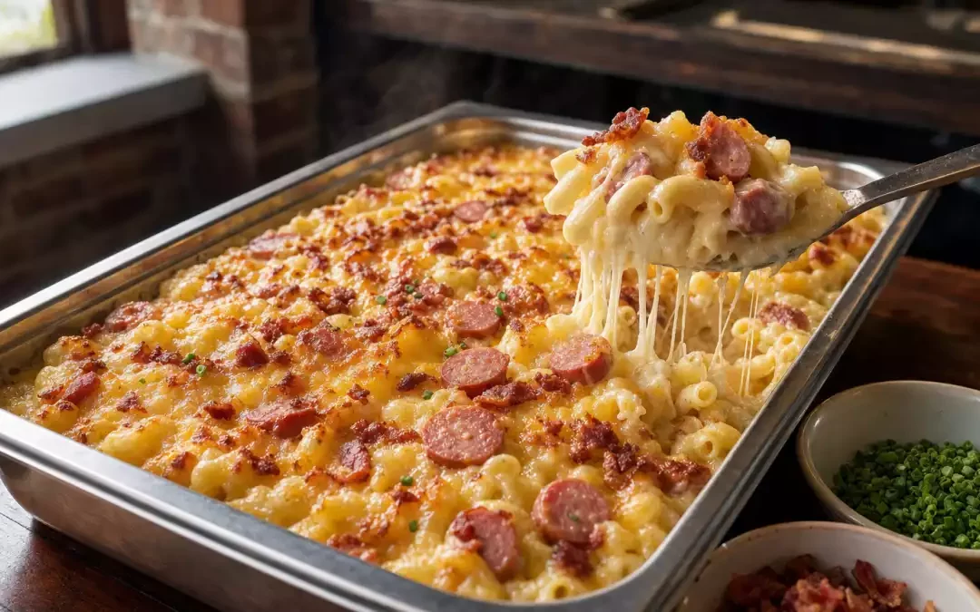 Sausage Mac and Cheese Bake with Bacon Frankfurters