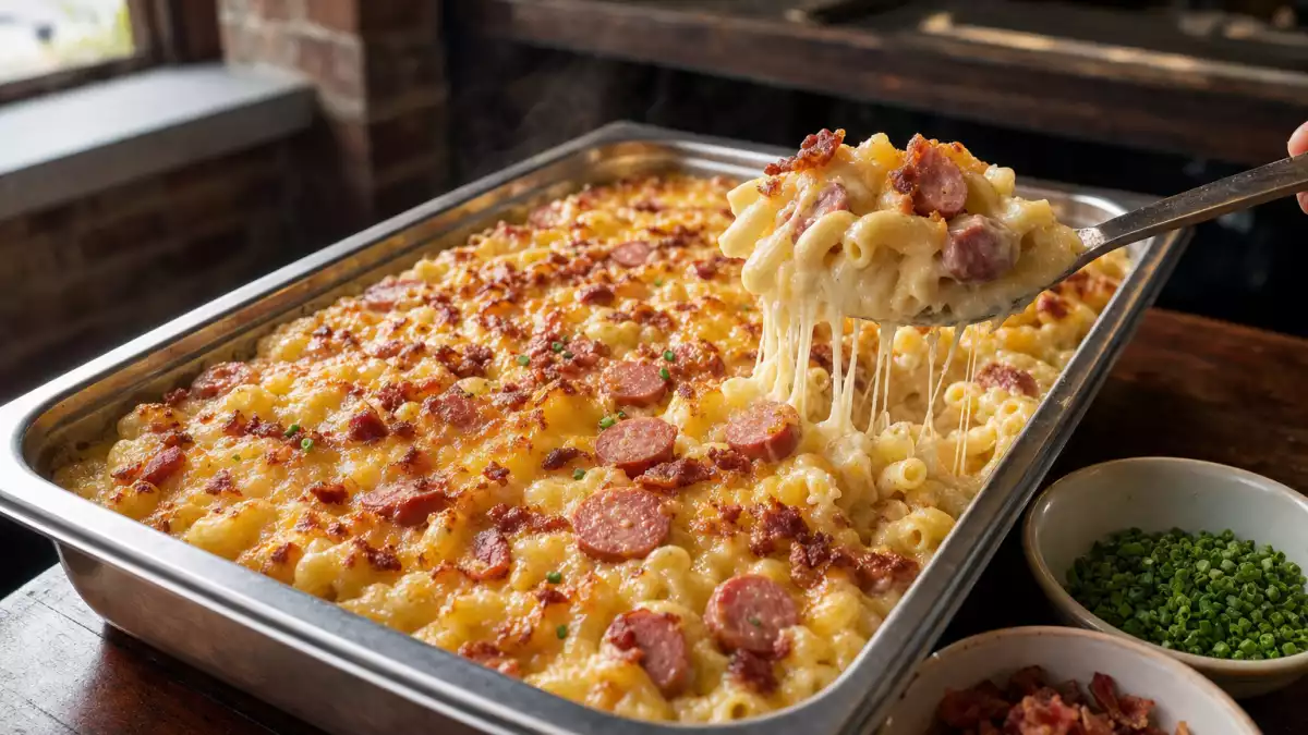 Golden baked mac and cheese with sliced bacon frankfurters served from a tray in a casual foodservice setting