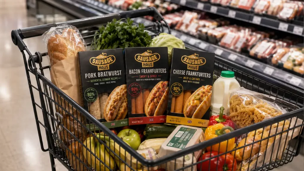 A half-full supermarket shopping cart with Pork Bratwurst, Bacon Frankfurters and Cheese Frankfurters on top of the groceries.