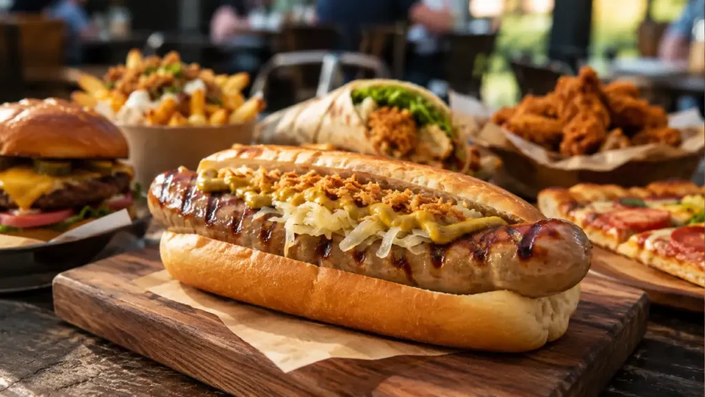 Premium German-style hot dog with mustard and sauerkraut served among burgers, loaded fries, chicken, wraps and pizza