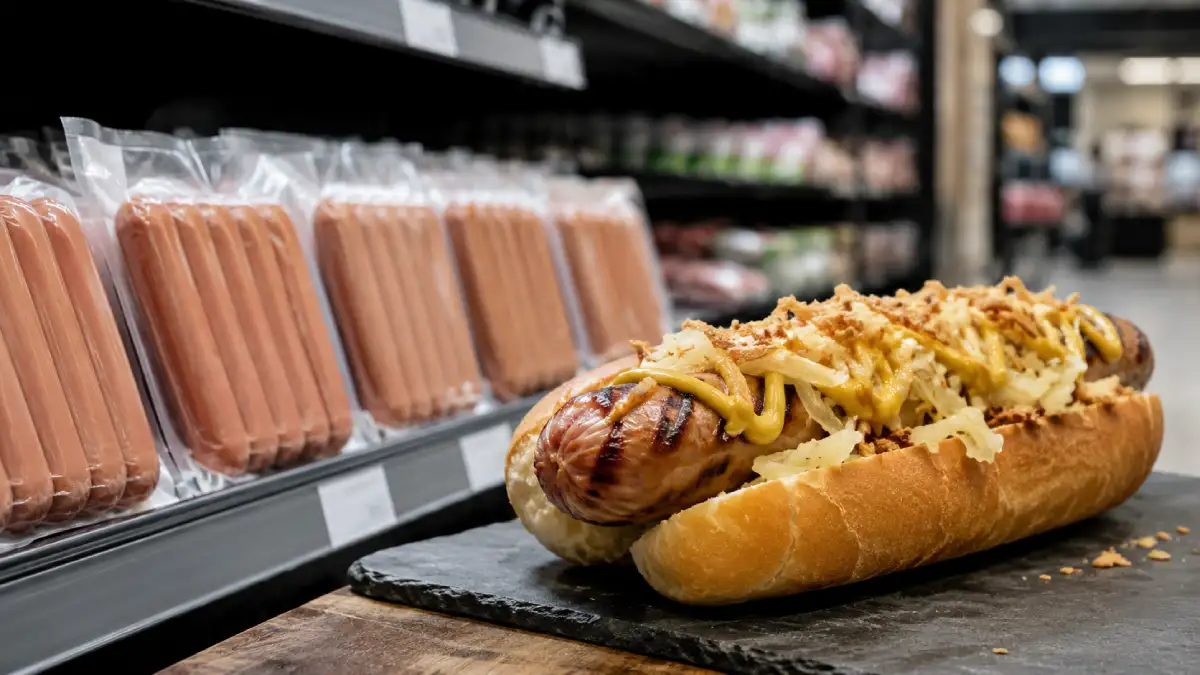 Premium German-style hot dog with mustard and sauerkraut in front of generic supermarket hot dog packs