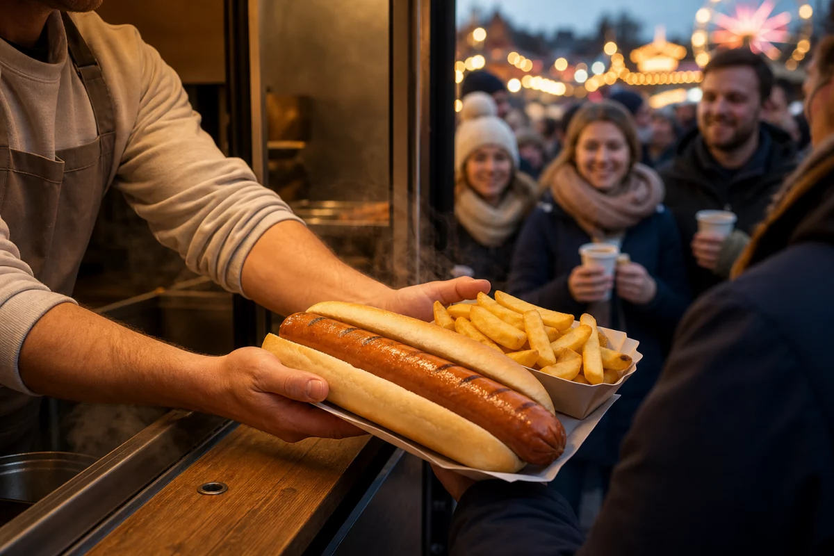 Operator hands a steaming jumbo smoked pork hotdog with a generous tray of chips to a waiting customer at a busy winter outdoor event; festive lights and a short queue provide context for the event food scene.