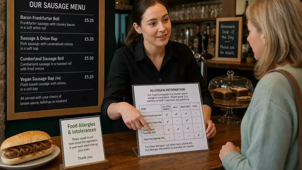 A counter display with a written allergen sheet, menu board, and staff member helping a customer choose a sausage dish.