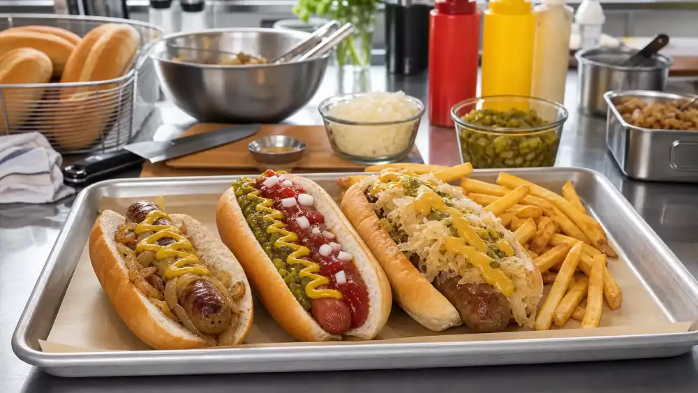 Three sausage dishes with buns, mustard, and toppings arranged in a practical serving setup that suggests common allergen checks.