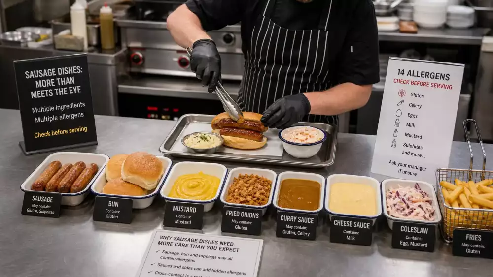 A foodservice worker assembles a sausage dish from separate components beside a small allergen notice, showing why the finished meal needs careful checking.
