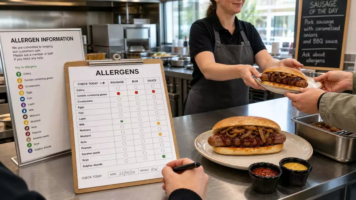 A server checks an allergen sheet beside a sausage dish with clear labels, showing practical menu control in busy foodservice.