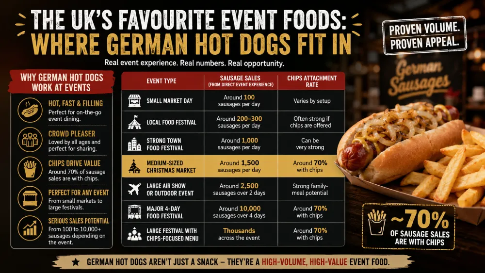 Infographic showing realistic German hot dog sales at UK events, including small markets, food festivals, Christmas markets, air shows and major festivals, with chips chosen by around 70% of customers at larger events.