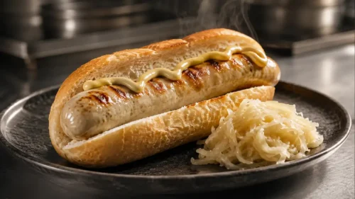 Grilled German pork bratwurst in a crusty roll with mustard and sauerkraut on a dark plate