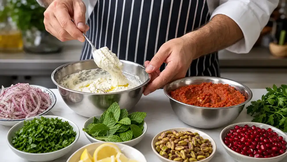 Chef mixes whipped feta yoghurt beside muhammara and fresh garnishes on a prep counter.