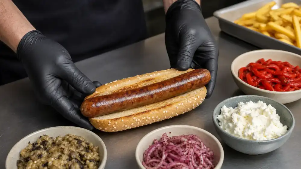 A chilli beef frankfurter is set into a toasted roll with toppings staged nearby in a practical kitchen prep setting.