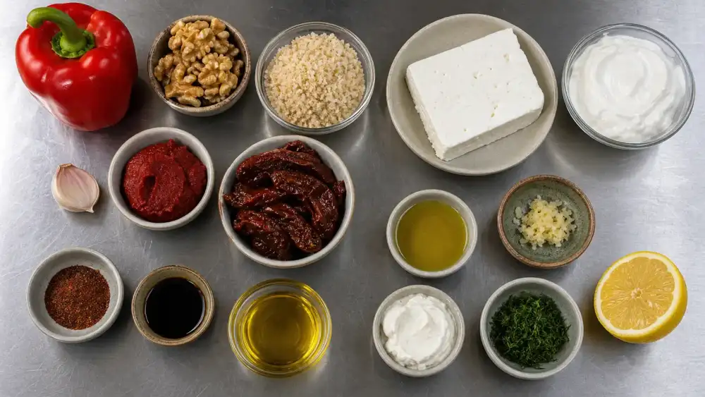 Chef’s hands prepare coarse muhammara and whipped feta in separate bowls with fresh ingredients arranged around them.