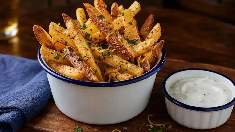 A ramekin of crisp sumac-lemon fries with a small side of garlic yoghurt, showing a lighter, fresher pub accompaniment.