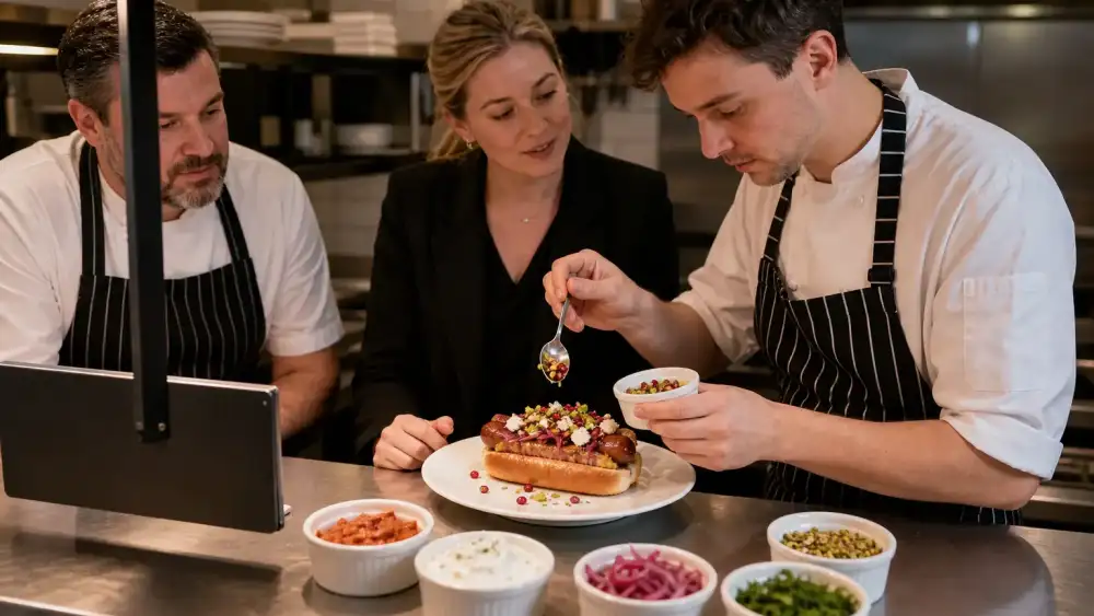 Chef portions the toppings carefully while discussing a consistent specials build for a premium hot dog.