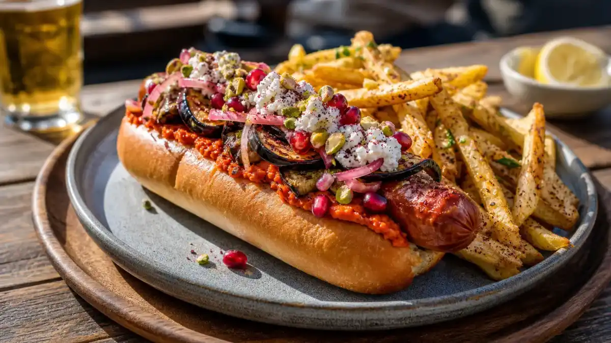 A gourmet chilli beef hot dog with whipped feta, muhammara, sumac onions, pomegranate, pistachios, and sumac-lemon fries.