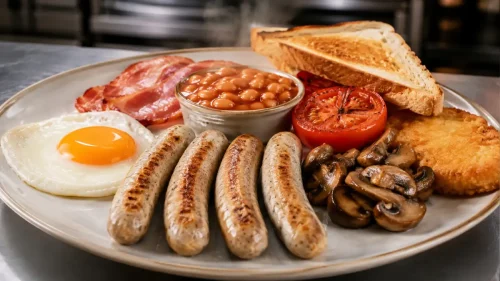 Four cooked Nuremberger bratwursts served with fried egg, bacon, baked beans, grilled tomato, mushrooms, toast and a hash brown.