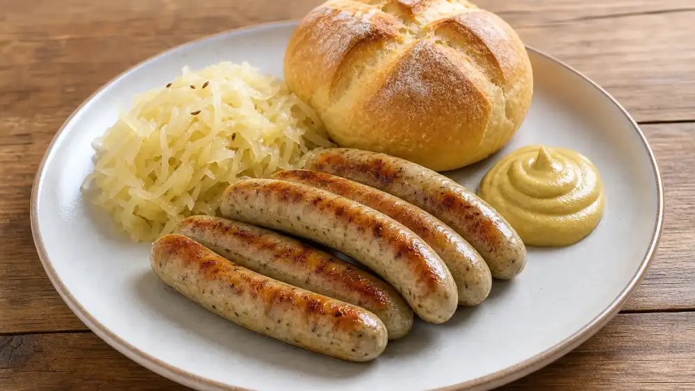 Plated Nuremberger bratwurst with mustard, sauerkraut, and breakfast sides highlighting its compact size and mild, savoury character.