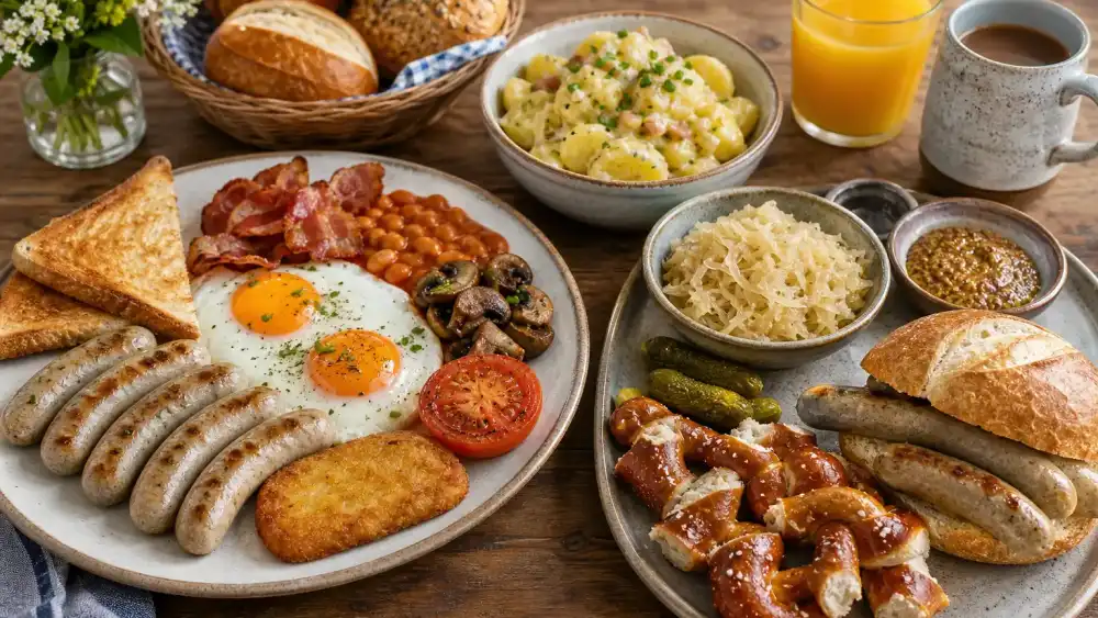 Breakfast plate and German sharing platter featuring Nuremberger bratwurst with eggs, bacon, sauerkraut, mustard, potatoes, and pretzels.