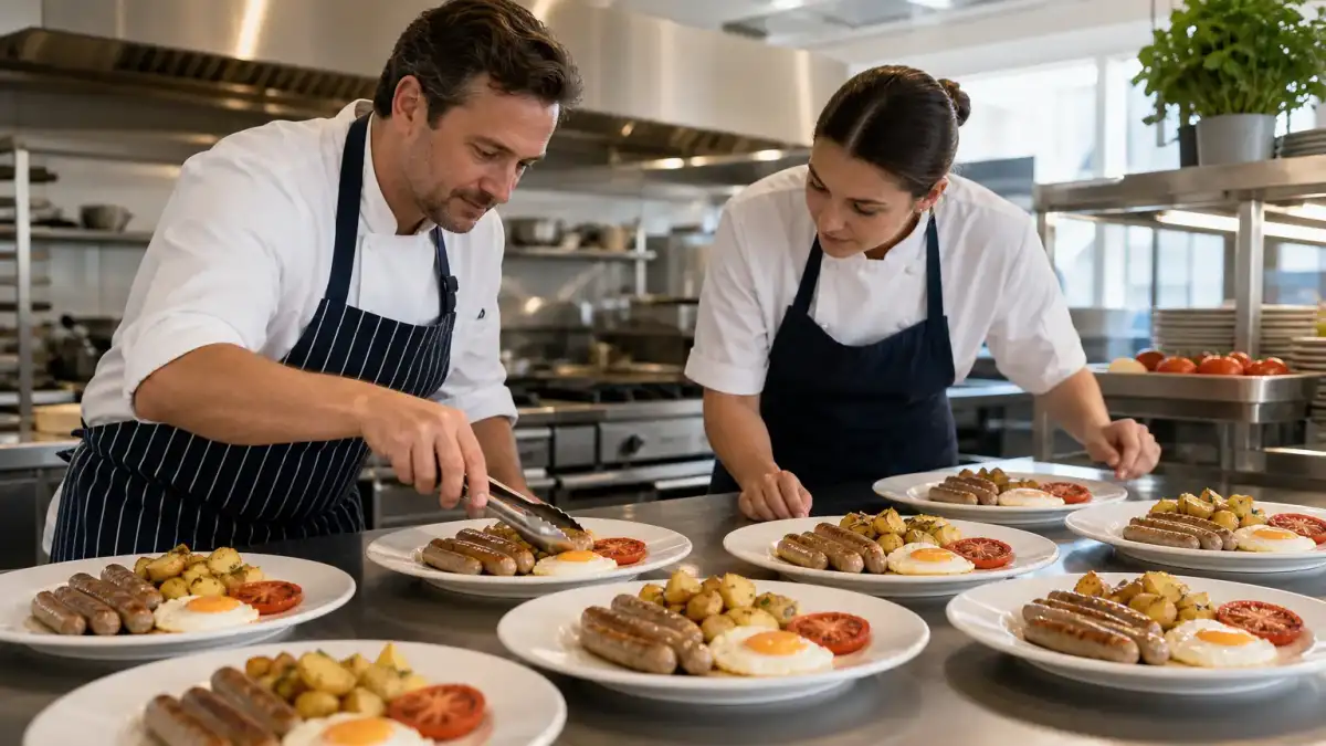 Two kitchen staff portioning small Nuremberger bratwursts onto breakfast plates in a commercial kitchen.