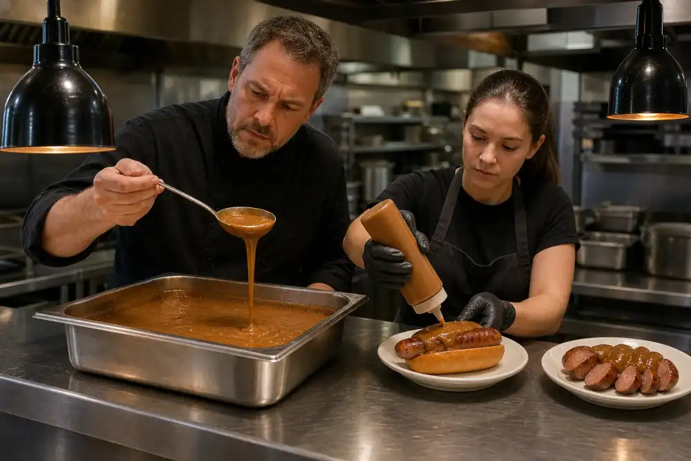 Chef and assistant test a sausage sauce in a squeeze bottle and ladle over a hot holding pan on a stainless-steel service pass.