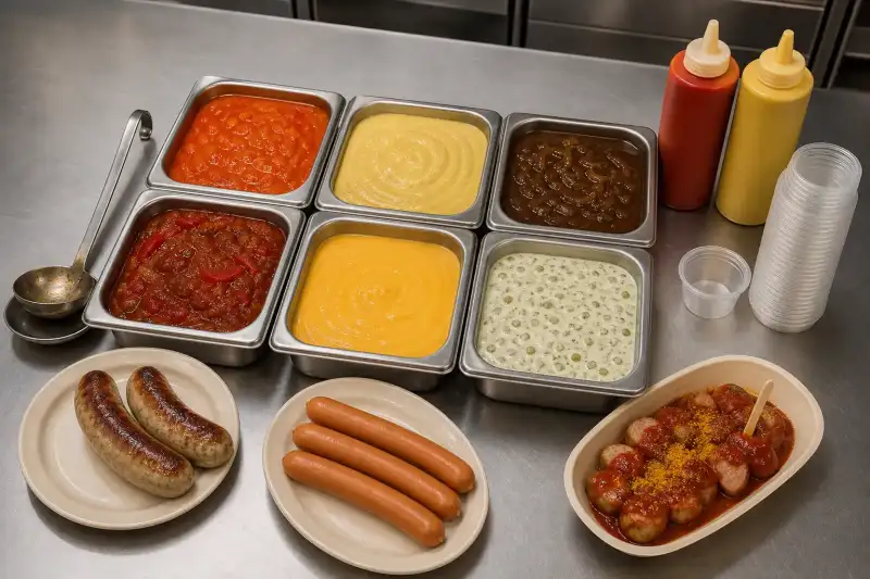 Commercial prep station with six sauces and plated sausages showing a service-ready sauce system.
