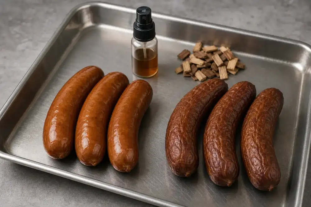 Two groups of pork sausages contrast a glossy liquid-smoke finish with a deeper, drier smokehouse surface.
