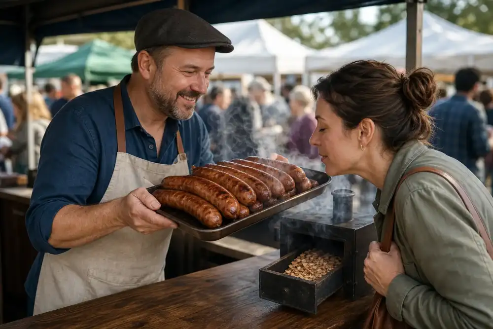 A sausage vendor at an outdoor stall serves bronzed beechwood-smoked sausages as a customer leans in and smells the wood smoke.