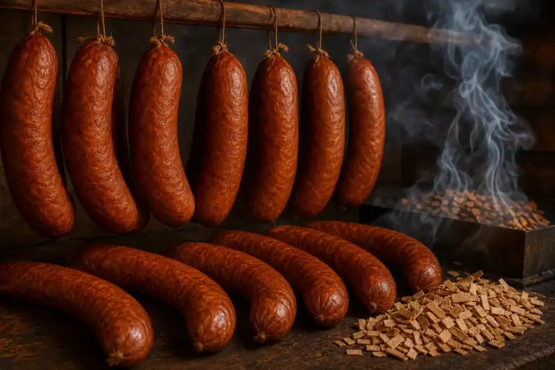 Beechwood-smoked German-style sausages hanging in a smokehouse, with bronze casings, wisps of smoke, and beechwood chips below.