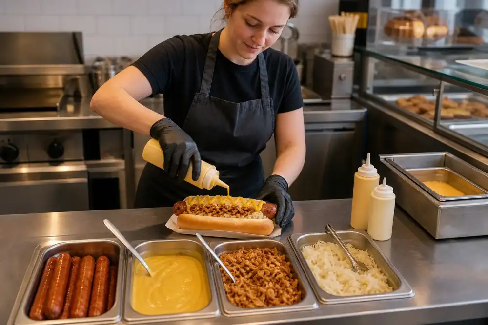 A staff member assembles a jumbo pork hotdog with a limited, tidy set of toppings at a stainless service counter.