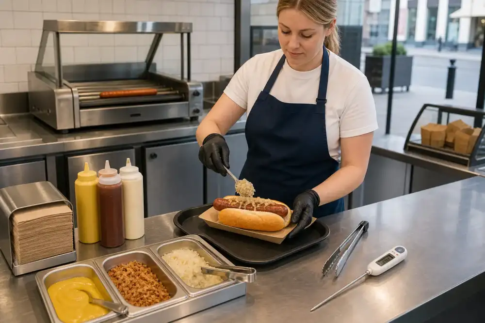 A staff member assembles a jumbo pork hotdog at a stainless counter beside pre-portioned toppings and separate hot-holding equipment.