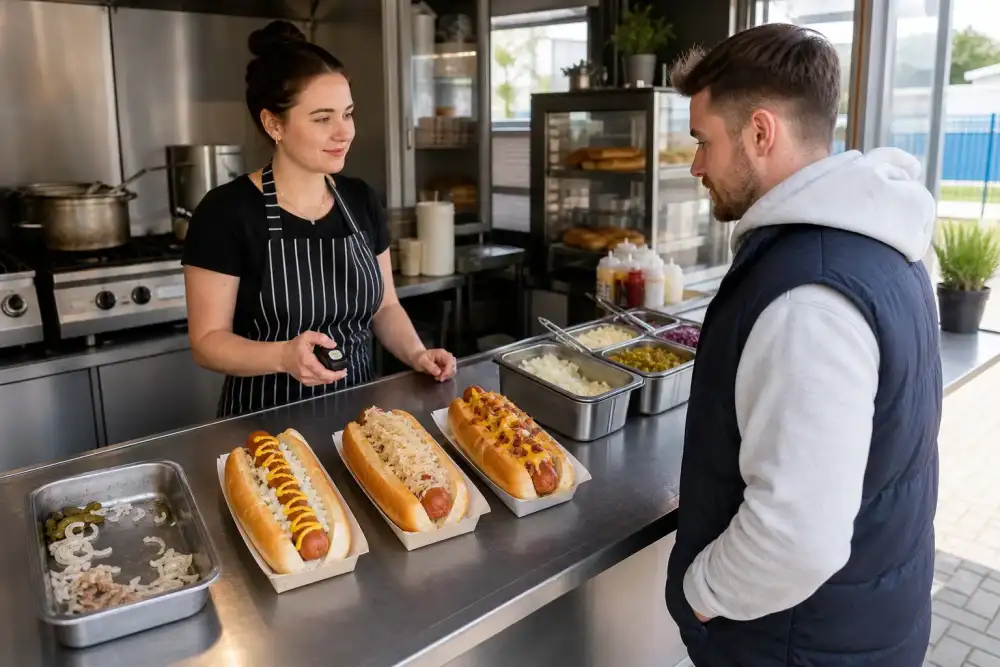Staff member and customer at a UK counter during a hotdog menu trial, with three sample builds, a click counter, and a small waste tray.